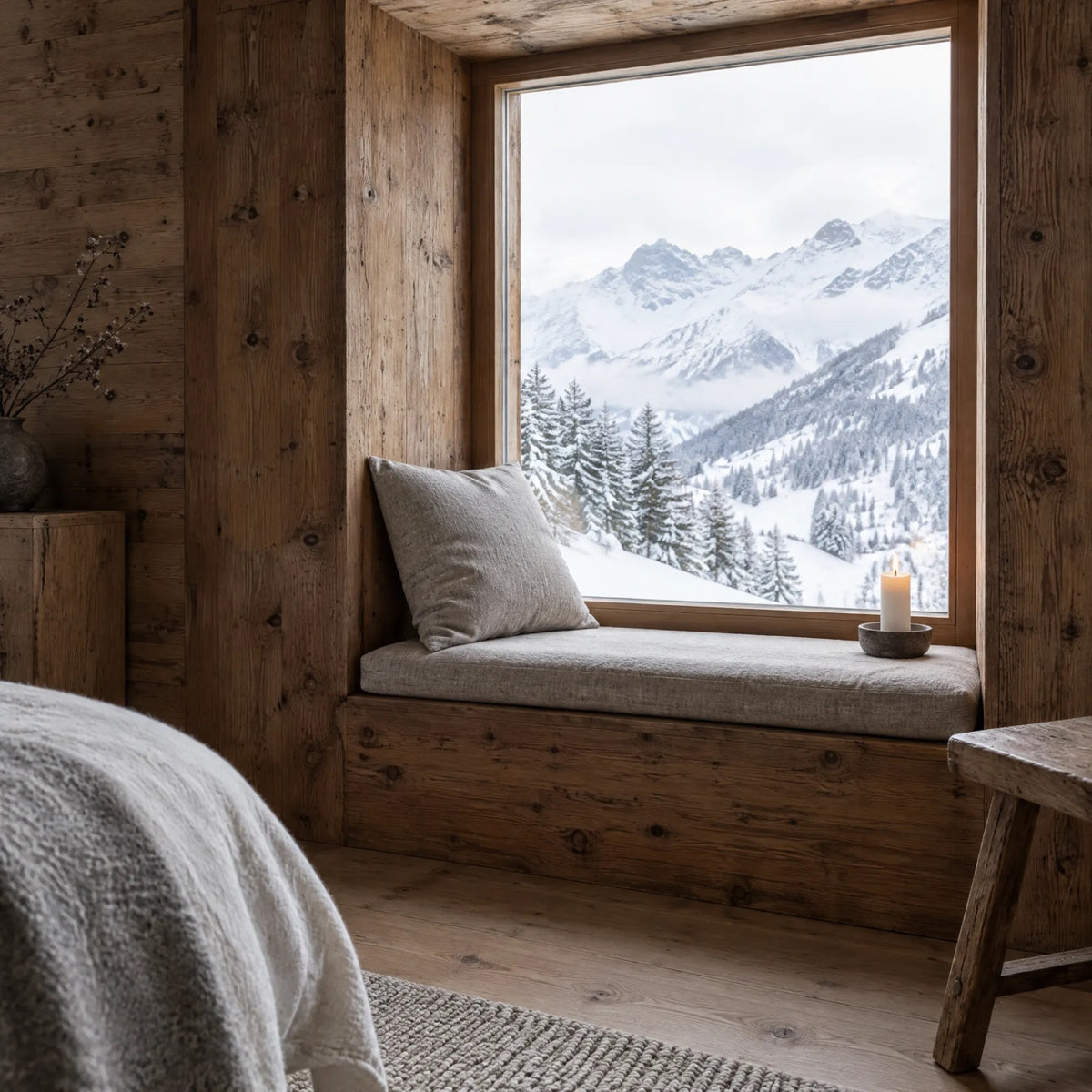 Fensternische in einer Stube aus altem Holz, draussen verschneite Berge
