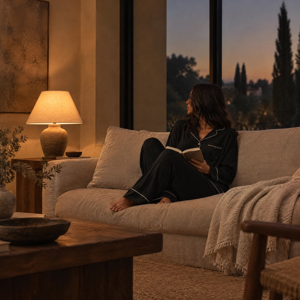 Frau im Pyjama Set in Schwarz mit Piping in Off White, am Abend auf dem Sofa